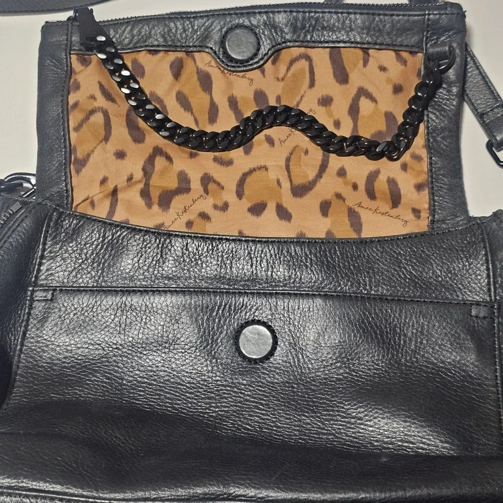 Aimee Kestenberg Black Pebbled Leather Crossbody Bag Chain Accent Leopard Lining